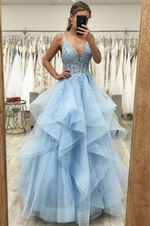Blue Lace Princess Long Prom Dress, Tulle Tiered Sweet 16 Dress